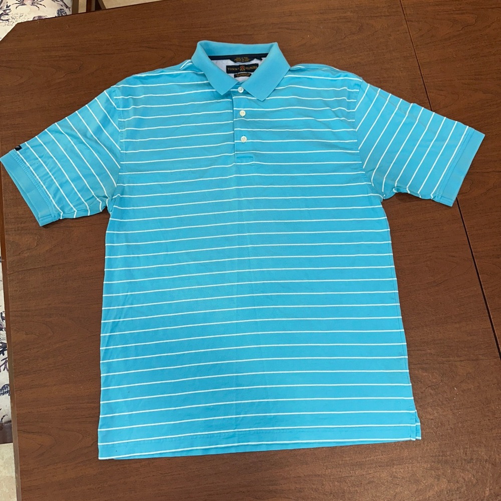 VTG Tommy Hilfiger Golf Mens L Blue Striped Mercerized Pima Cotton Polo Shirt - Picture 2 of 9